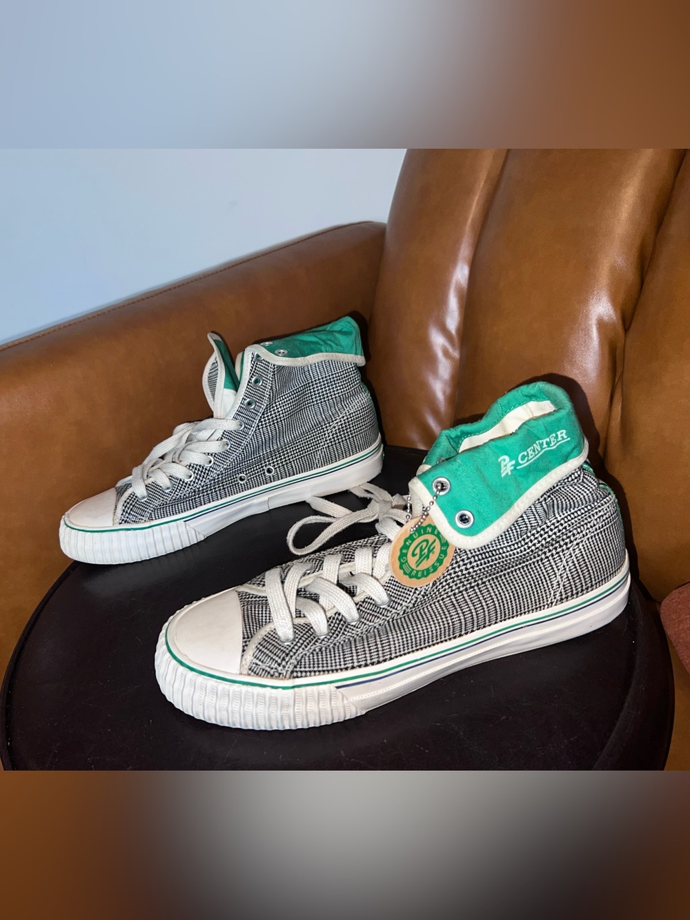 P.F. Flyers Center Hi top sneakers black/white/green houndstooth pattern sz 10